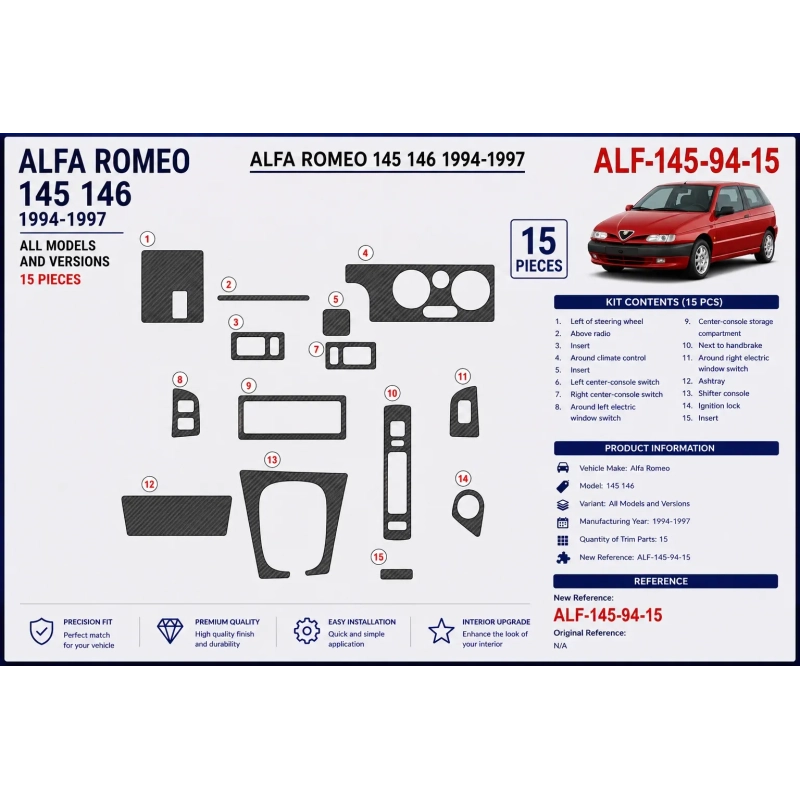 Alfa Romeo 145 146 1994-1997 3D dekor palubnej dosky, 15 dielov