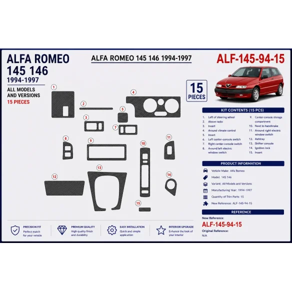 Alfa Romeo 145 146 1994-1997 3D dekor palubnej dosky, 15 dielov