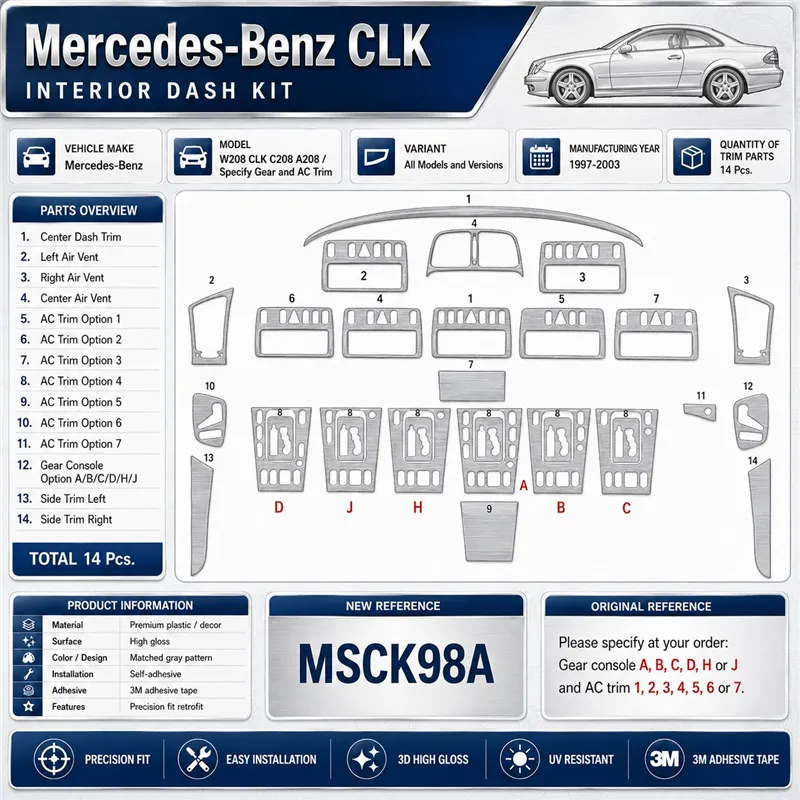 Mercedes Benz W208 CLK C208A208 1997-2003 3D dekor palubnej dosky, 14 dielov
