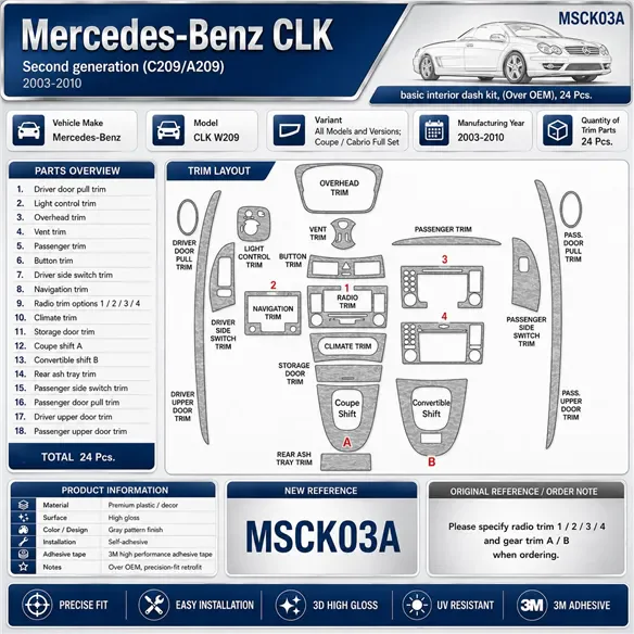 Mercedes Benz CLK W209 2003-2010 Coupe Carbio kompletná sada 24pcs 3D dekor palubnej dosky