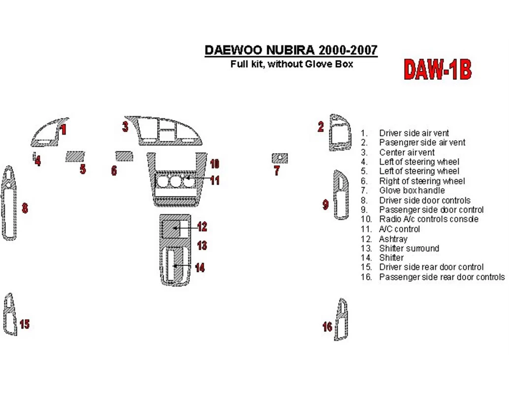 Daewoo Nubira 2000-2007 kompletná súprava, bez žhaviacej skrinky Interiér BD Dash Trim Kit - 1