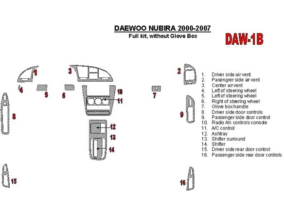 Daewoo Nubira 2000-2007 kompletná súprava, bez žhaviacej skrinky Interiér BD Dash Trim Kit - 1