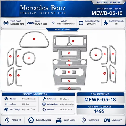 Mercedes W245 B-Class 2005-2011 3D dekor palubnej dosky, 18 dielov