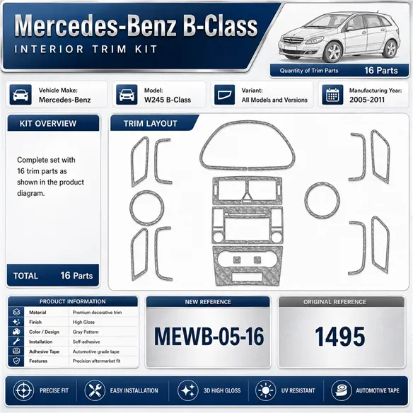 Mercedes W245 B-Class 2005-2011 3D dekor palubnej dosky, 16 dielov