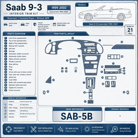 Saab 9-3 1999–2002 Automatic Gearbox; With kompaktná kazeta player; Without OEM 3D sada dekorov interiéru palubnej dosky 21-diel