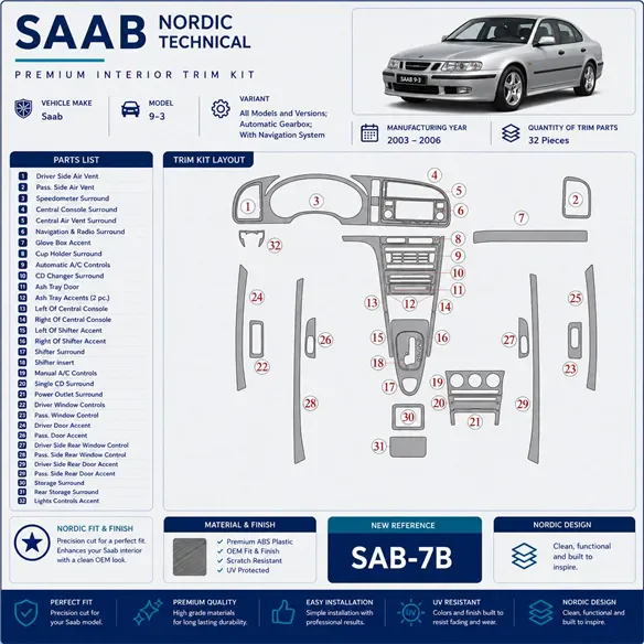 Saab 9-3 2003–2006 Automatic Gearbox; s navigáciou NAVI system 3D sada dekorov interiéru palubnej dosky podľa produktového nákre
