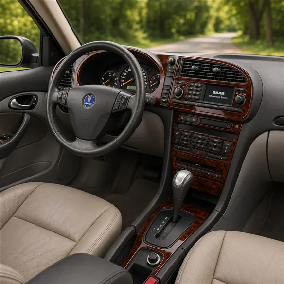 Saab 9-3 2003–2006 Automatic Gearbox; With Infotaintment 3D sada dekorov interiéru palubnej dosky podľa produktového nákresu