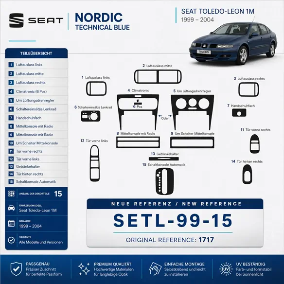 Seat Toledo-Leon 1M 1999–2004 3D sada dekorov interiéru palubnej dosky 15-dielna