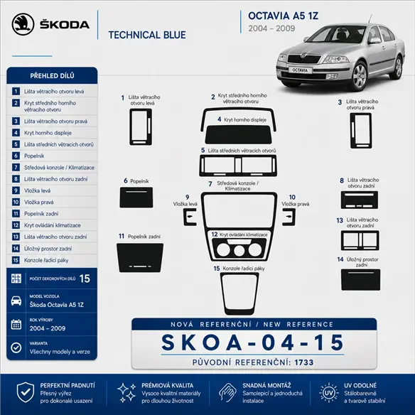 Skoda Octavia A5 1Z 2004–2009 3D sada dekorov interiéru palubnej dosky 15-dielna