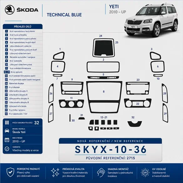 Skoda Yeti od 2010 3D sada dekorov interiéru palubnej dosky 36-dielna