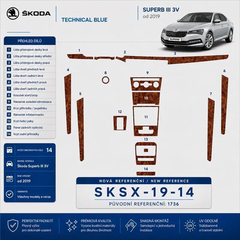 Skoda SuperB 2019 up 3D sada dekorov interiéru palubnej dosky 14-dielna