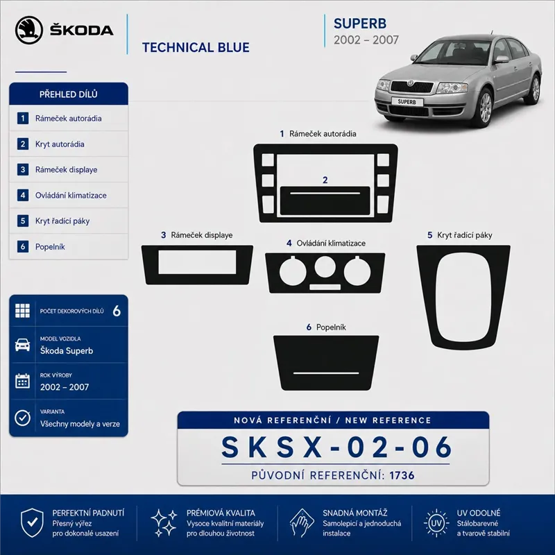 Skoda SuperB 2002–2007 3D sada dekorov interiéru palubnej dosky 6-dielna