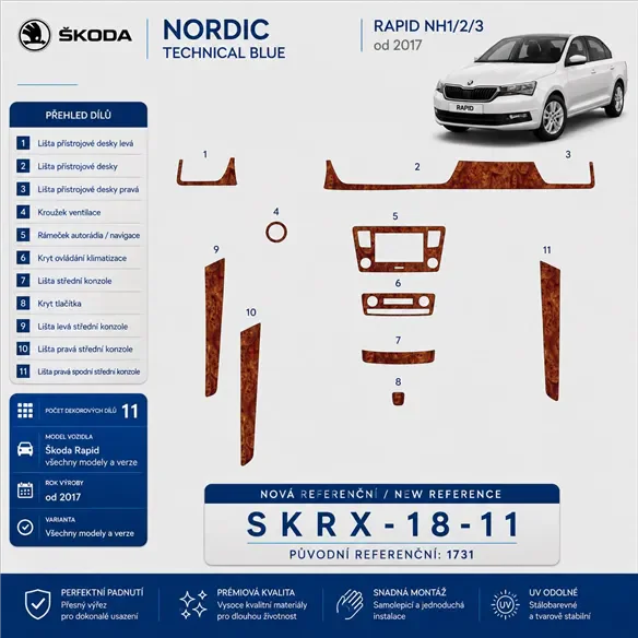 Skoda Rapid 2018 3D sada dekorov interiéru palubnej dosky 11-dielna