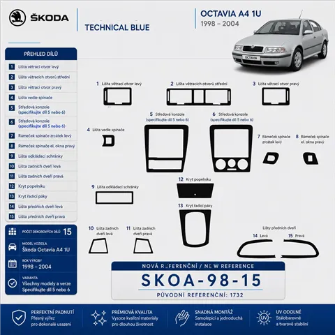 Skoda Octavia A4 1U 1998–2004 3D sada dekorov interiéru palubnej dosky 15-dielna 2
