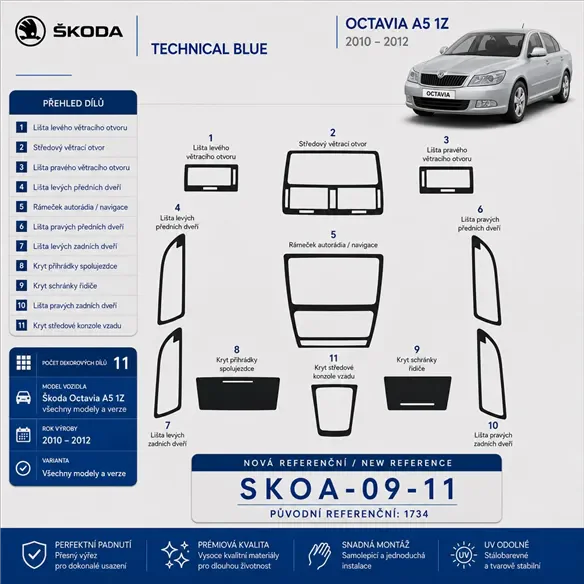 Skoda Octavia A5 1Z od 2009 3D sada dekorov interiéru palubnej dosky 11-dielna