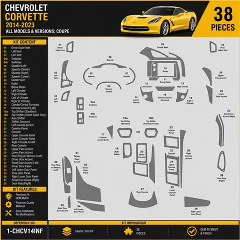 Chevrolet Corvette 2014–2020 Coupe 3D sada dekorov interiéru palubnej dosky 38-dielna