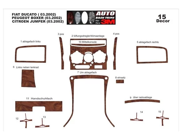 Fiat Ducato 03.02-01.06 Súprava obloženia palubnej dosky interiéru 3D Dekor palubnej dosky 15 dielov