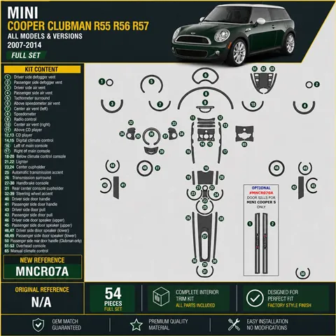 Mini Cooper Clubman R55 R56 R57 2007–2014 3D sada dekorov interiéru palubnej dosky 57-dielna 2
