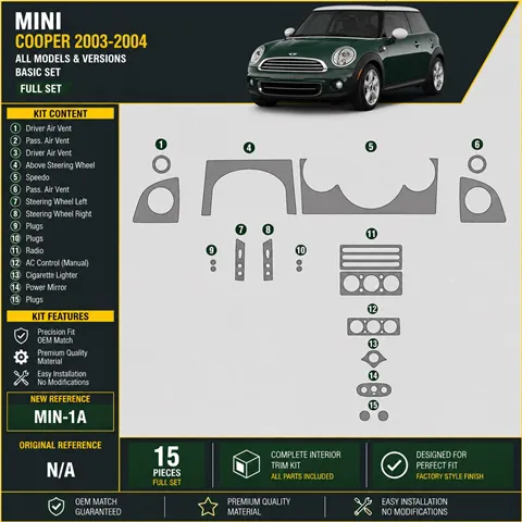 Mini Cooper 2003–2004 kompletná sada 3D sada dekorov interiéru palubnej dosky kompletná sada / podľa produktového nákresu