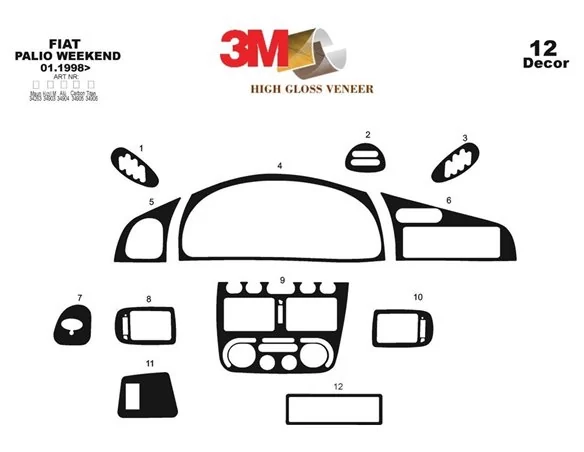Fiat Palio Weekend 01.98-03.02 3D Súprava obloženia palubnej dosky interiéru Dekorácia palubnej dosky 12 dielov