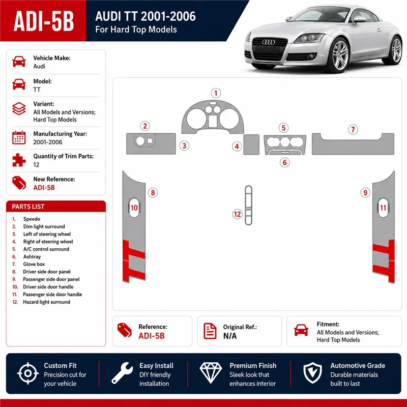 Audi TT 2001–2006 Soft Roof Coupe 3D sada dekorov interiéru palubnej dosky 12-dielna