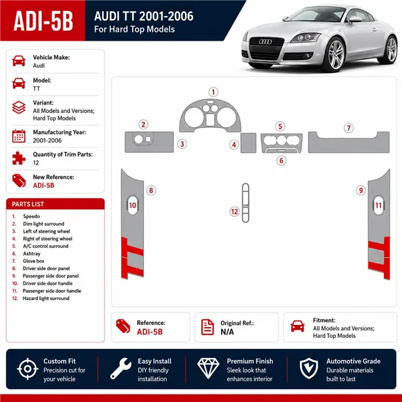 Audi TT 2001–2006 Soft Roof Coupe 3D sada dekorov interiéru palubnej dosky 12-dielna