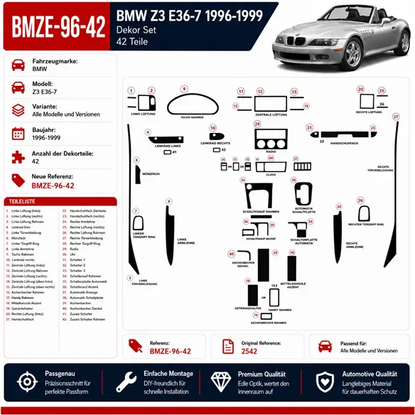 BMW Z3 E36-7 1996–1999 3D sada dekorov interiéru palubnej dosky 42-dielna