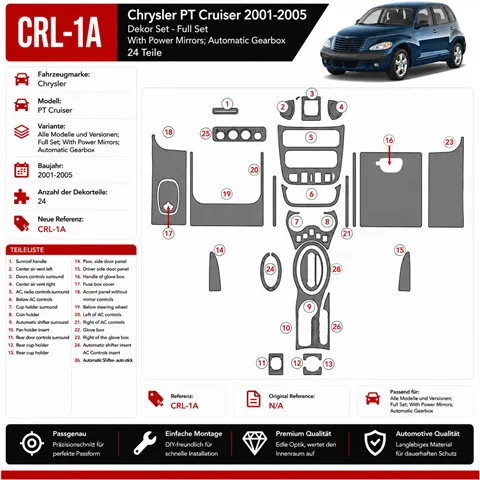 Chrysler PT Cruiser 2001–2005 kompletná sada; With Power Mirrors; Automatic Gearbox 3D sada dekorov interiéru palubnej dosky 24-