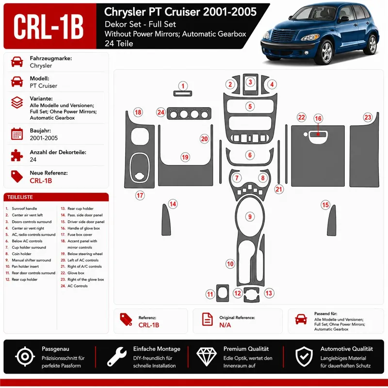 Chrysler PT Cruiser 2001–2005 kompletná sada; No Power Mirrors; Automatic Gearbox 3D sada dekorov interiéru palubnej dosky 24-di