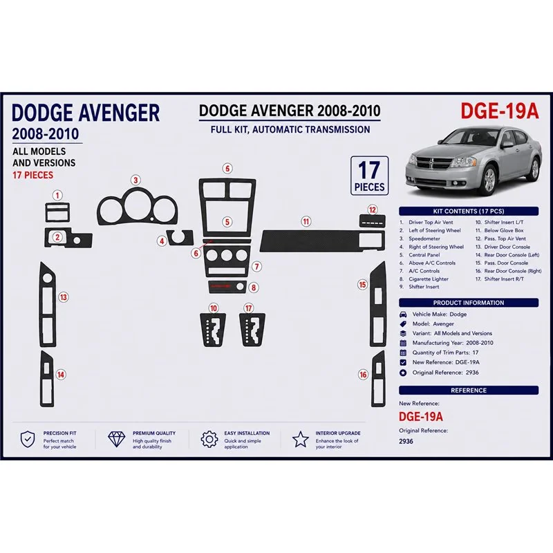 Dodge Avenger 2008-2010 3D dekor palubnej dosky, 17 dielov