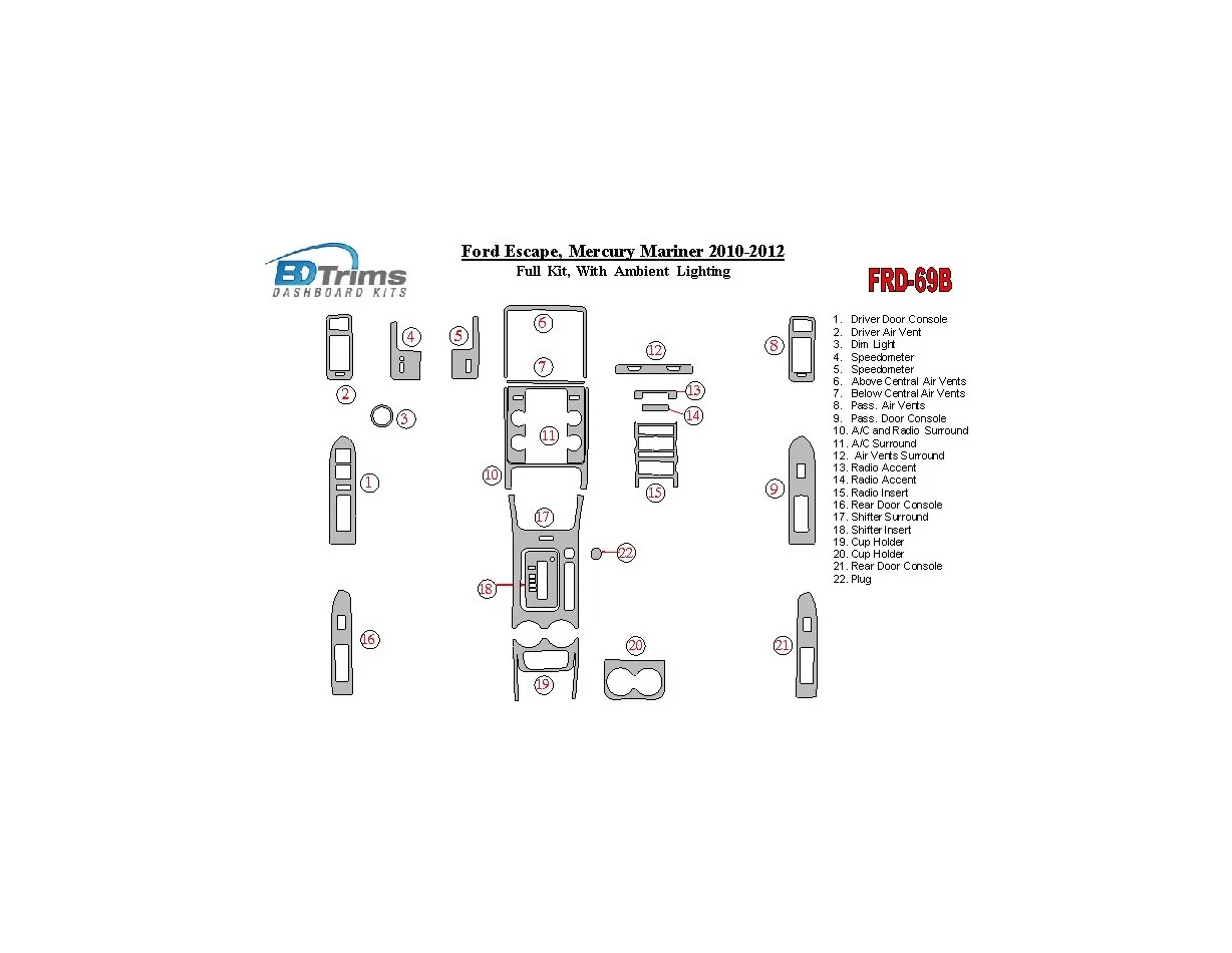 Ford Escape 2010-2012 Kompletná sada s osvetlením Okolité osvetlenie Interiér BD Dash Trim Kit - 1