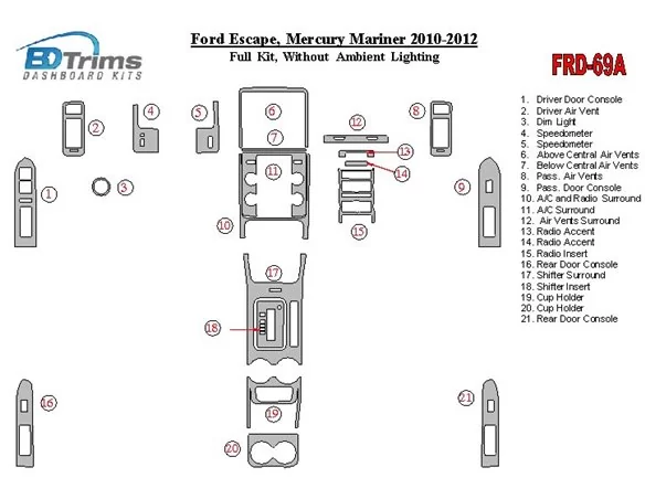 Ford Escape 2010-2012 Kompletná sada Bez osvetlenia Okolité osvetlenie Interiér BD Dash Trim Kit - 1