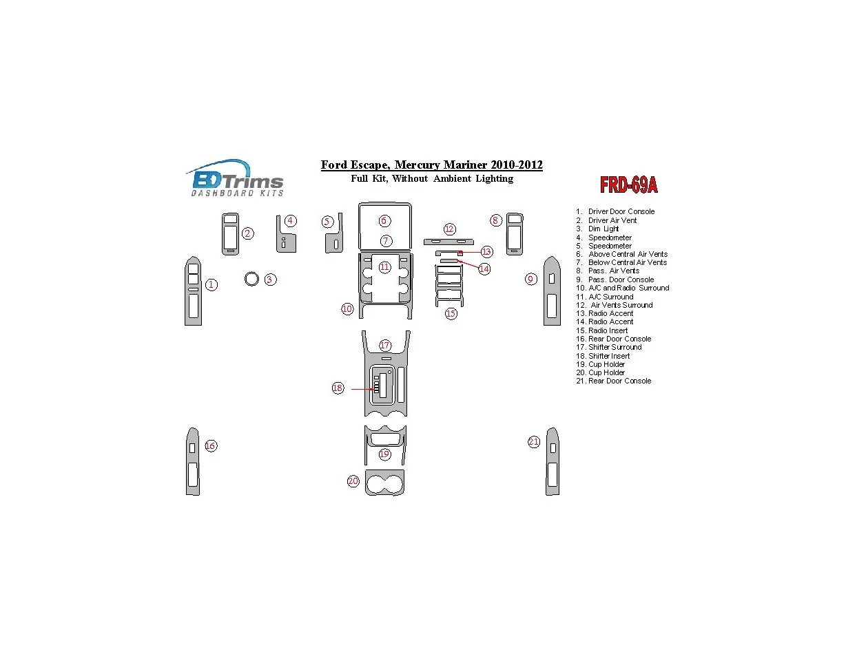 Ford Escape 2010-2012 Kompletná sada Bez osvetlenia Okolité osvetlenie Interiér BD Dash Trim Kit - 1