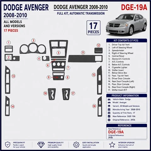 Dodge Avenger 2008-2010 3D dekor palubnej dosky, 17 dielov 2