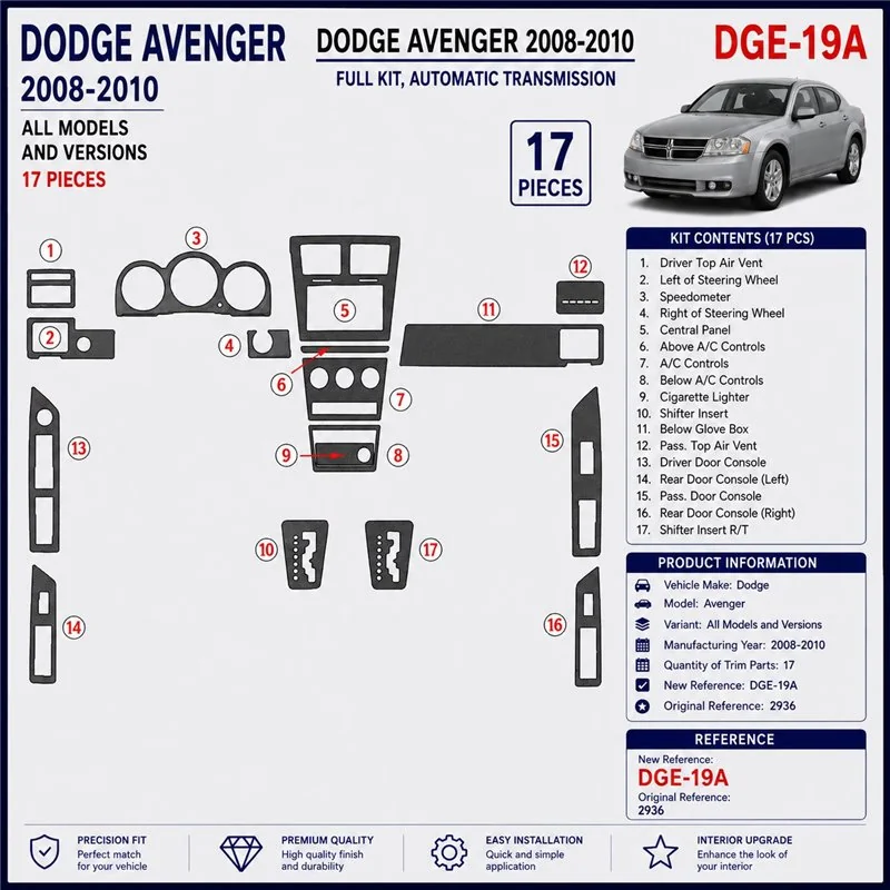 Dodge Avenger 2008-2010 3D dekor palubnej dosky, 17 dielov