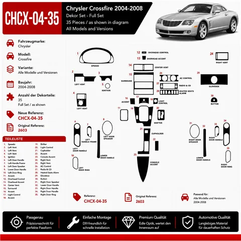 Chrysler Crossfire 2004–2008 3D sada dekorov interiéru palubnej dosky 35-dielna