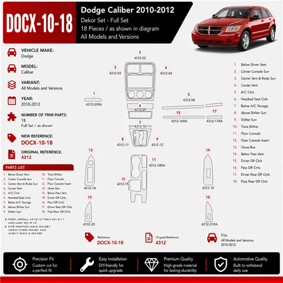 Dodge Caliber 2010–2012 3D sada dekorov interiéru palubnej dosky 18-dielna