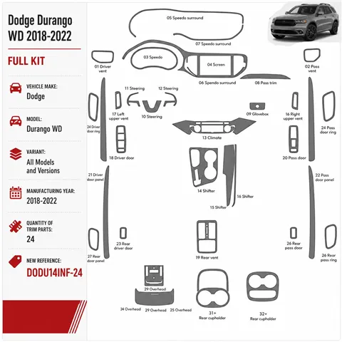 Dodge Durango WD 2018–2022 3D sada dekorov interiéru palubnej dosky 24-dielna