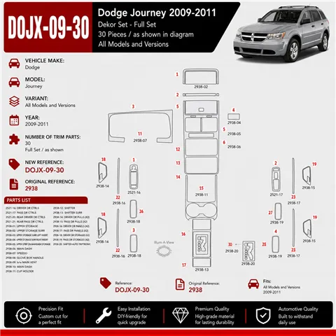 Dodge Journey 2009–2011 3D sada dekorov interiéru palubnej dosky 30-dielna