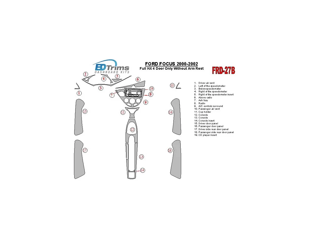 Kompletná súprava Ford Focus 2000-2002, bez lakťovej opierky, 4 dvere, súprava 18 dielov Interiér BD Dash Trim Kit - 1