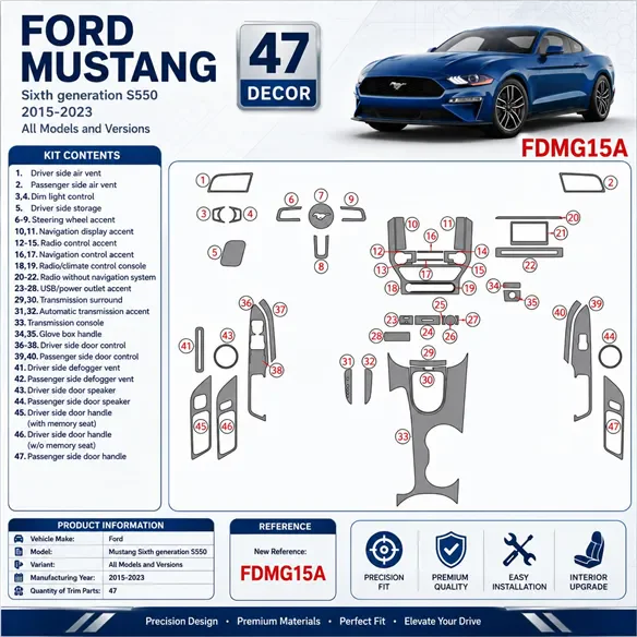 Ford Mustang 2015–2023 3D sada dekorov interiéru palubnej dosky 47-dielna