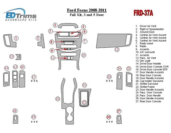 Kompletná súprava Ford Focus 2008-2011, 3 a 5-dverový interiér BD Dash Dekor Kit - 1