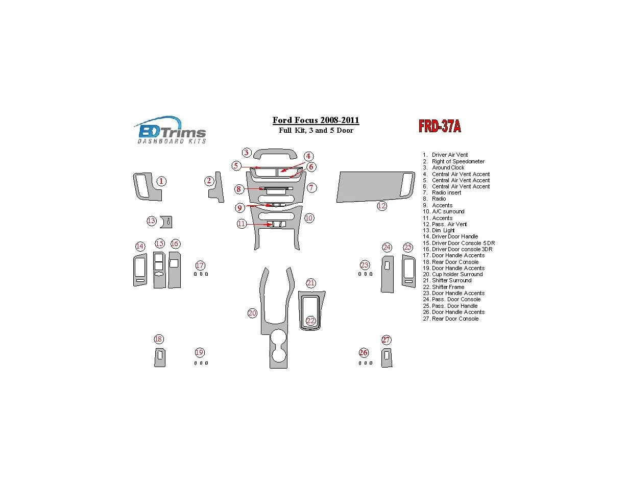 Kompletná súprava Ford Focus 2008-2011, 3 a 5-dverový interiér BD Dash Dekor Kit - 1