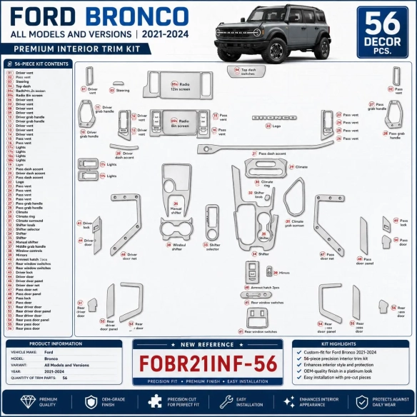 Ford Bronco 2021–2024 3D sada dekorov interiéru palubnej dosky 56-dielna