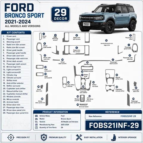 Ford Bronco Sport 2021–2024 3D sada dekorov interiéru palubnej dosky 29-dielna