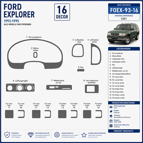 Ford Explorer 1993–1995 3D sada dekorov interiéru palubnej dosky 16-dielna