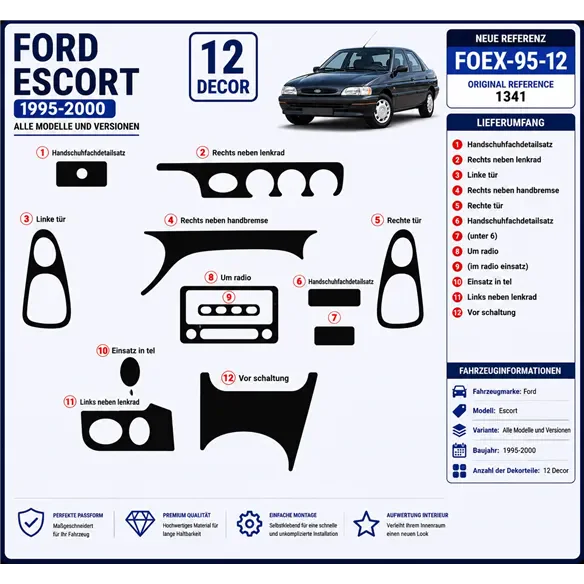 Ford Escord 1995–2000 3D sada dekorov interiéru palubnej dosky 12-dielna
