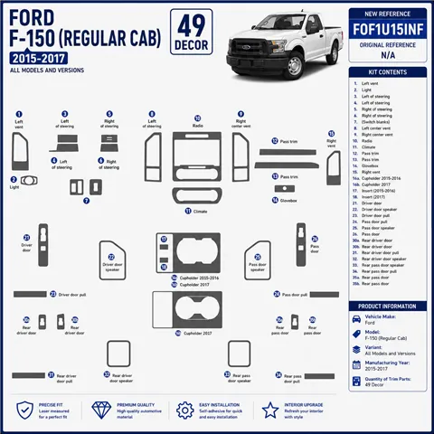 Ford F-150 (REGULAR CAB) | 2015–2017 3D sada dekorov interiéru palubnej dosky 49-dielna