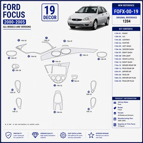 Ford Focus 2000–2005 3D sada dekorov interiéru palubnej dosky 19-dielna
