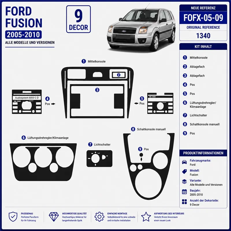 Ford Fusion 2005–2010 3D sada dekorov interiéru palubnej dosky 9-dielna